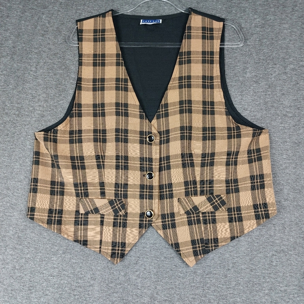 CAPE COD SPORTSWEAR WOMENS VINTAGE 90S BROWN BLACK CLASSIC PLAID VEST SIZE LARGE